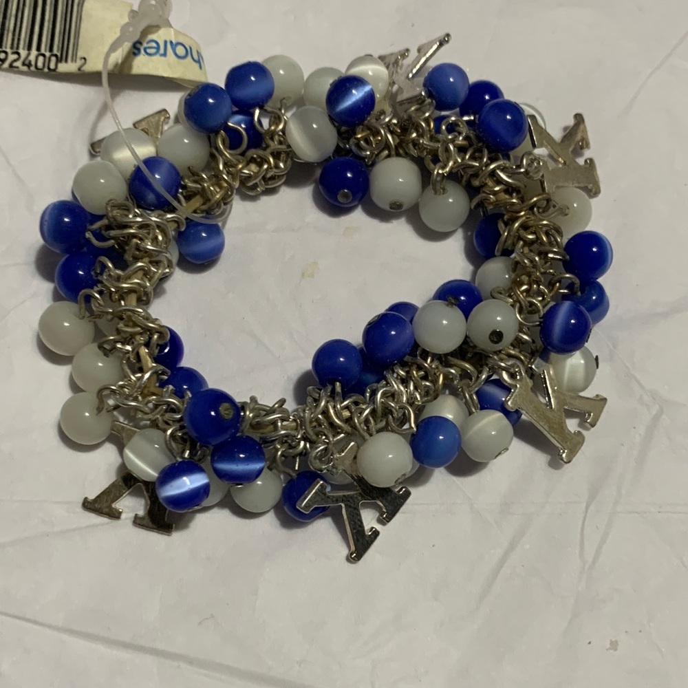 Silver Tone K  Charm Bracelet with Blue and White Beads